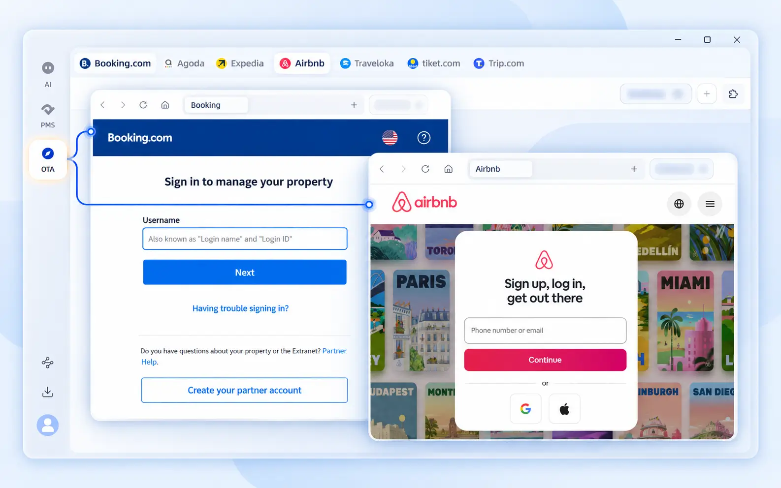 AI Desktop OTA 浏览器工作空间中的渠道商家后台登录界面