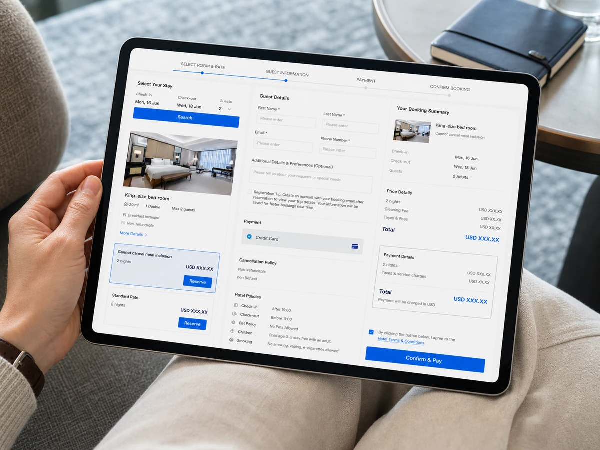 Guest completing a direct boutique hotel booking and payment on a tablet