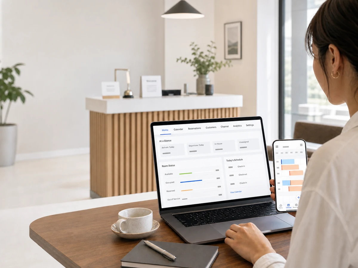Boutique hotel owner reviewing reservations and room status on laptop and mobile in a bright workspace