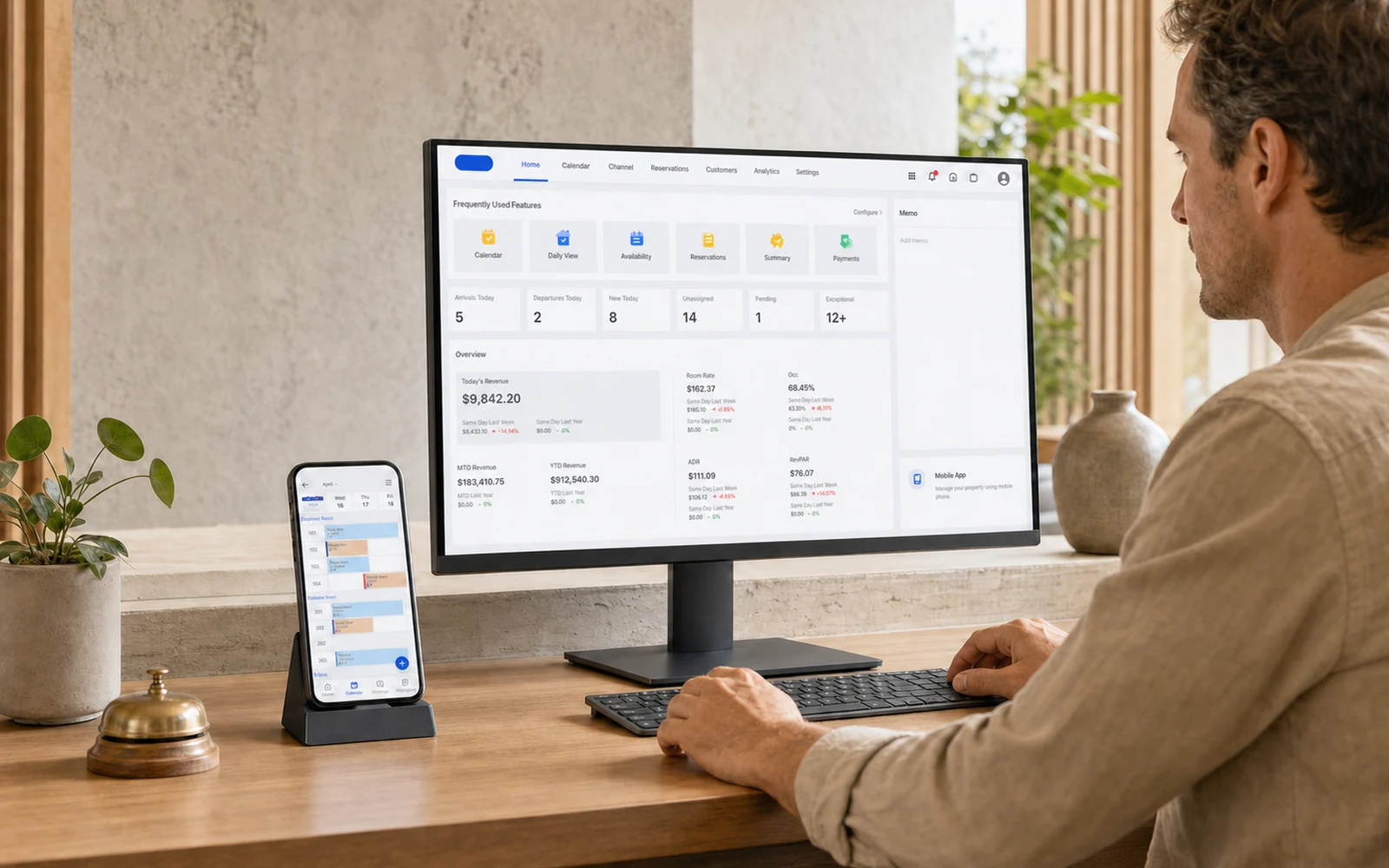 Boutique hotel manager using Smart Order software to review daily operations