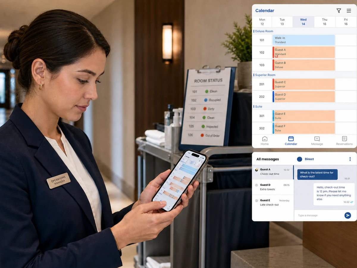 Boutique hotel manager checking reservations, room status, and guest messages on mobile
